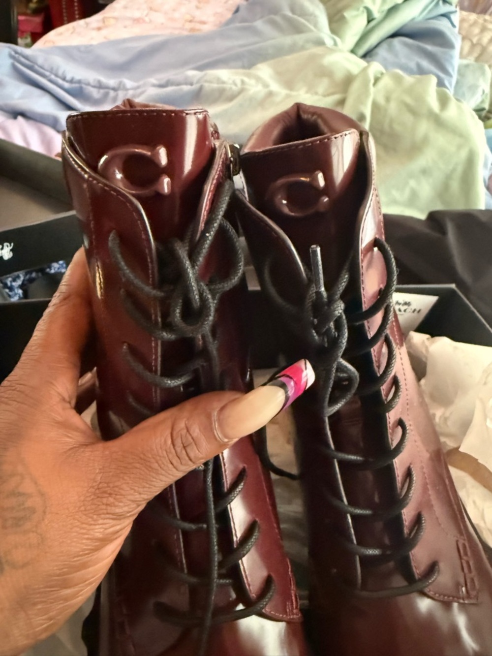 Coach Woman’s Lace-Up Boots in Burgundy Patent Leather - Picture 6 of 7